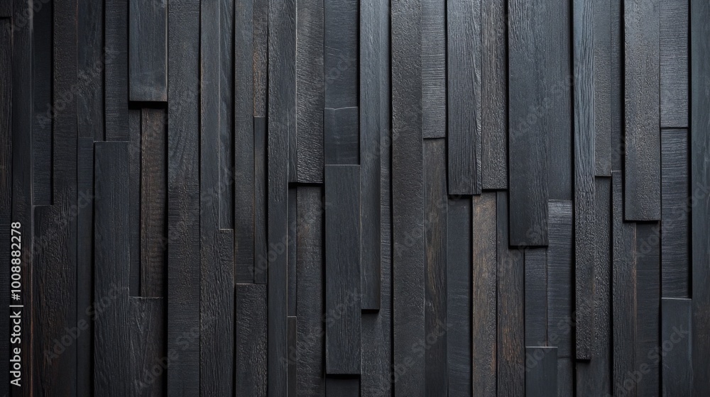 Poster A textured wall made of dark, wooden planks arranged in a staggered pattern, creating a modern and stylish appearance.