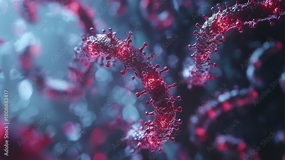Aufkleber close-up view of intricate virus structures showcasing vibrant red textures against a soft backgroun