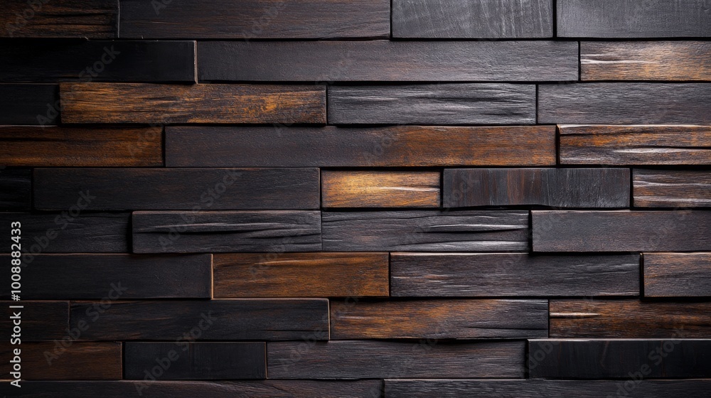 Poster a dark wooden wall featuring a mix of brown tones and varying plank sizes, creating a textured and m
