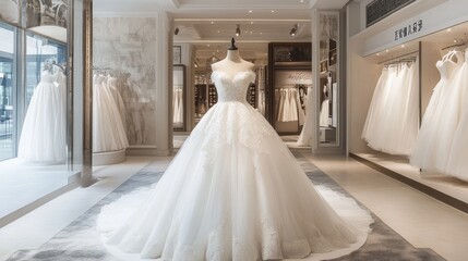Obraz premium A luxurious white wedding dress on display, capturing the grandeur of traditional and modern bridal fashion in a high-end store.