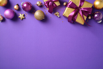 Christmas decorations with golden and purple baubles, gift boxes, and star confetti on a vibrant...