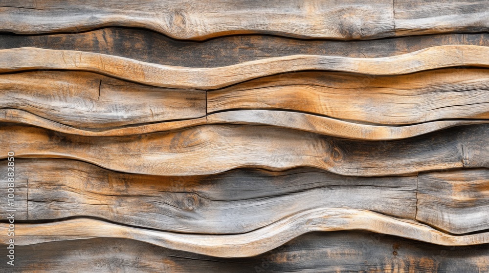 Poster a textured close-up of wavy wooden planks showcasing natural patterns and colors, creating an organi