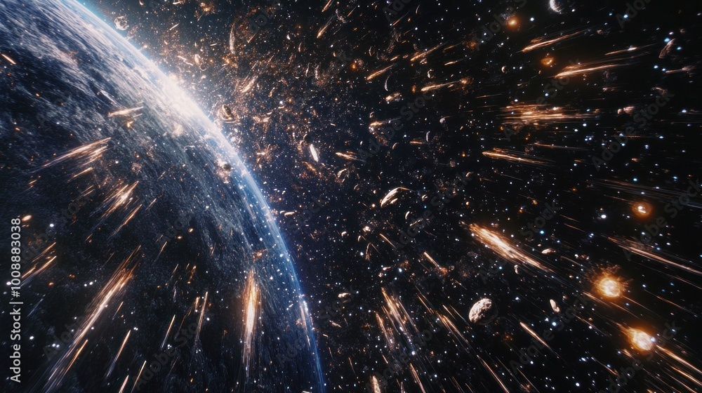 Poster a dynamic view of earth surrounded by cosmic debris and celestial bodies in space.