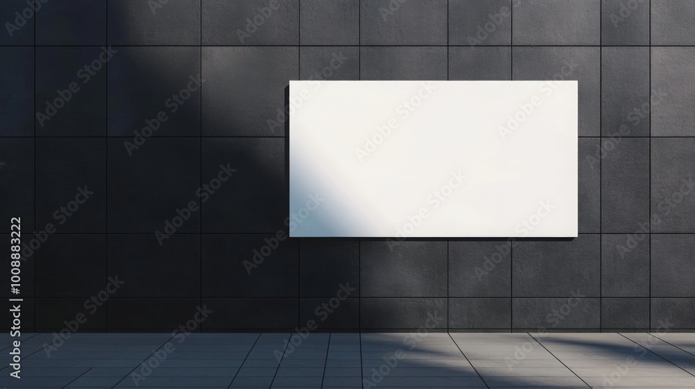 Poster a blank white panel mounted on a dark textured wall, featuring clean lines and subtle shadows, ideal