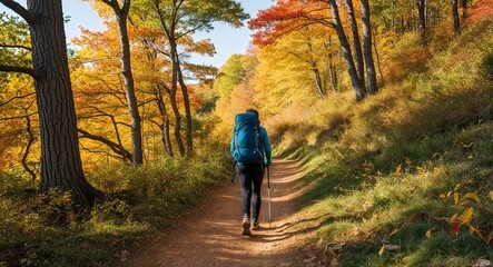Obraz premium Person hiking along a vibrant autumn trail surrounded by trees and sunlight
