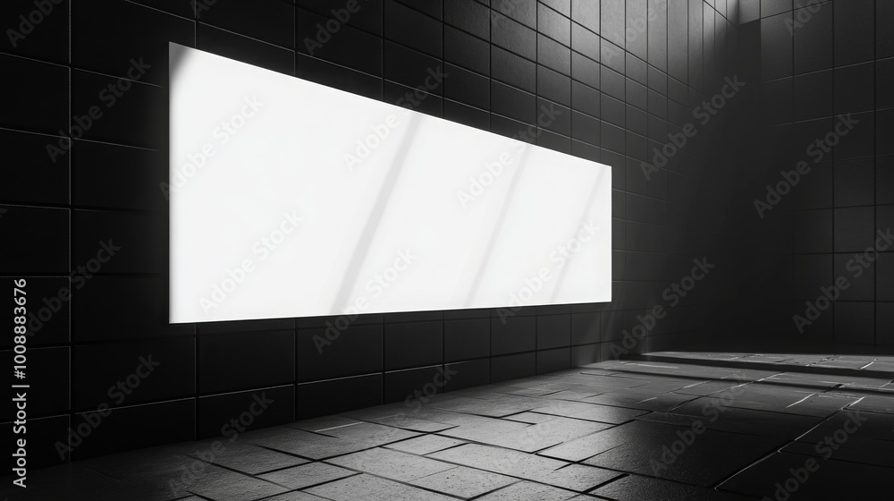 Poster a minimalist interior with a large illuminated panel casting soft light in a dark, textured room.