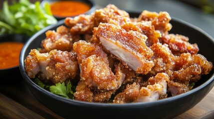 Fototapeta premium Crispy pork belly is delicious with its crunchy skin and tender meat, mildly salty and perfectly balanced, especially tasty when paired with dipping sauce. 