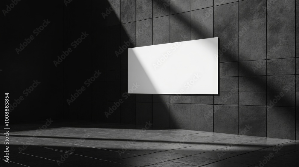 Poster a minimalist interior featuring a blank white canvas on a textured gray wall, illuminated by natural