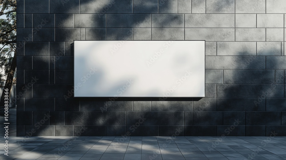 Poster a minimalist wall with a blank white sign, surrounded by shadows and contrasting textures, creating 