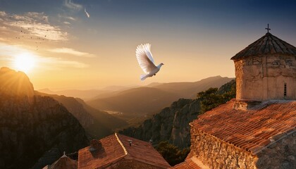 Obraz premium White Dove: Holy Spirit. Dove Above a Quiet Monastery.