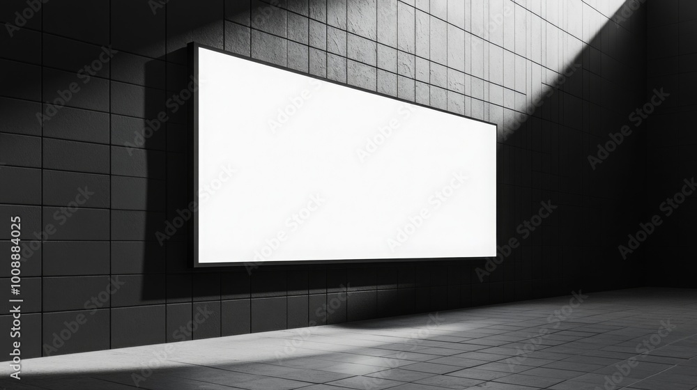 Aufkleber a minimalist, illuminated advertisement screen mounted on a dark wall, casting a stark shadow in a m