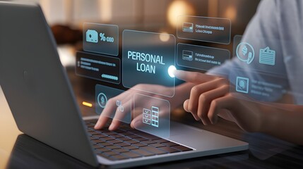 businessman using laptop with a virtual transparent "personal loan" digital interface, online loan application, fintech, virtual finance