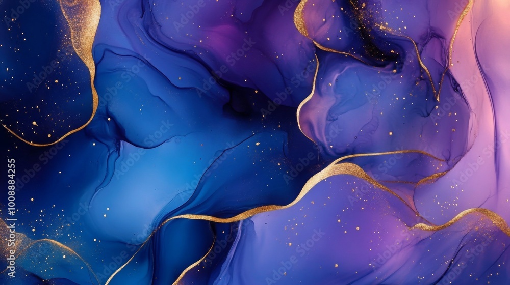 Poster a vibrant abstract artwork featuring flowing waves of deep blue and purple, accented with shimmering