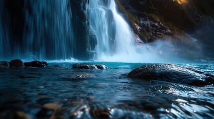 Waterfall cave with misty spray, dynamic and refreshing, Nature, Cool tones, Photograph, Natural wonder