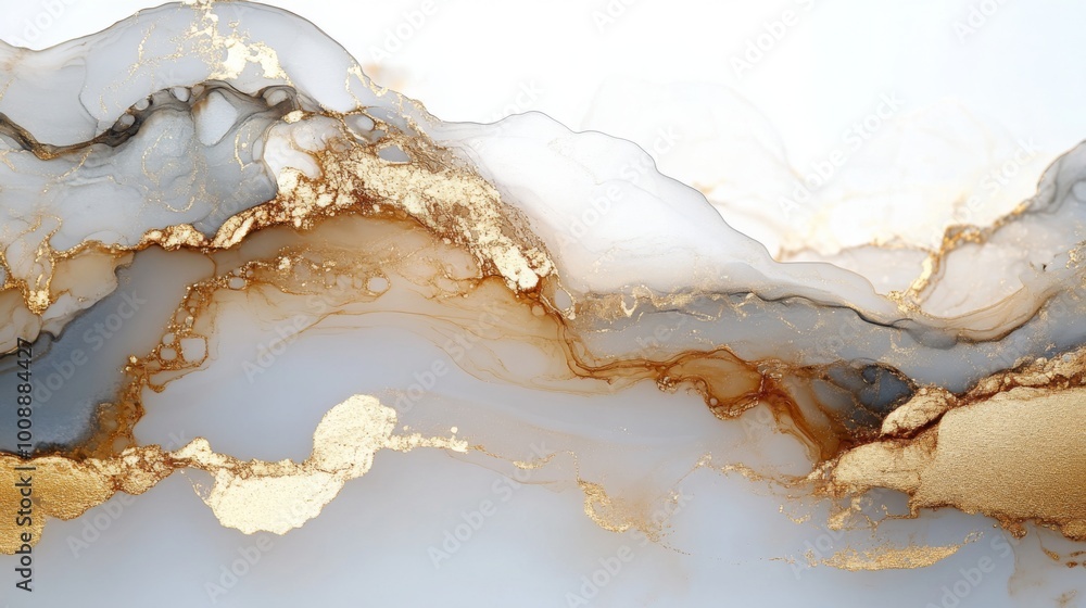 Poster a beautiful abstract design featuring soft white and gray gradients intertwined with shimmering gold