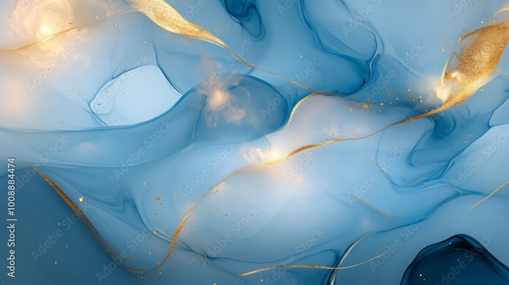 Poster an abstract image featuring flowing shades of blue with golden accents, creating a serene and artist