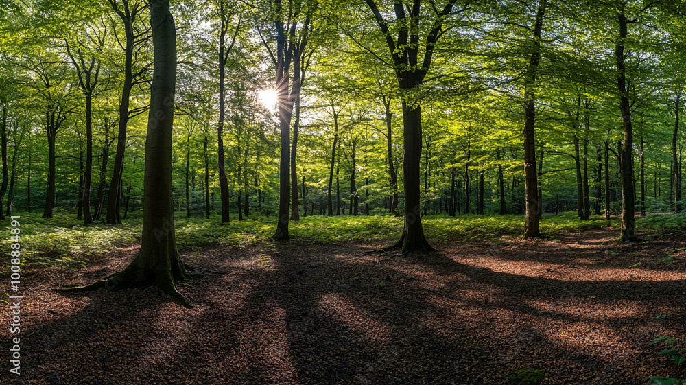 Poster sunlight filters through green trees in a serene forest setting during midday