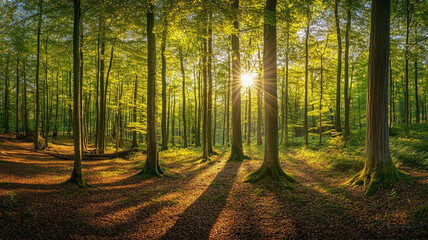 Obraz premium Sunlight streaming through trees in a serene forest during a peaceful afternoon