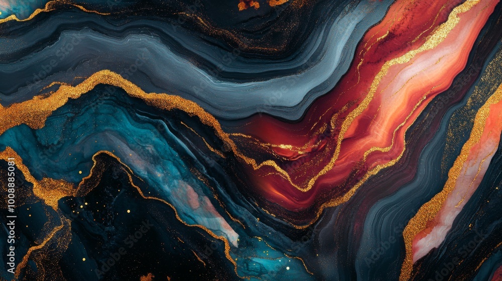 Poster a vibrant abstract design featuring flowing waves of deep colors including blue, red, and gold, crea