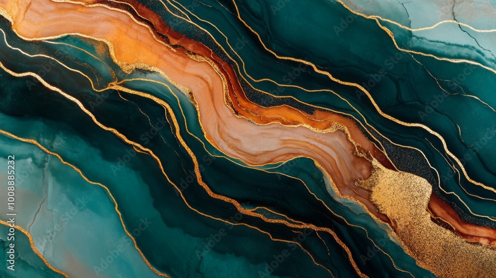 Poster an abstract design featuring flowing waves of teal and gold, with earthy orange tones creating a vib