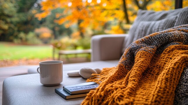 Espacio acogedor en una terraza con una manta tejida, una taza de caf&eacute; y un libro. El paisaje oto&ntilde;al y la luz suave crean un ambiente perfecto para la relajaci&oacute;n.