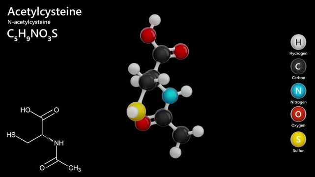 Chemical structure of Acetylcysteine (or NAC), is a medication (C5H9NO3S). Acetylcysteine is an Antidote, and Antidote for Acetaminophen Overdose and Mucolytic. Black background. 3D rendering. Looped