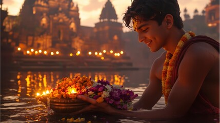 Kartik Purnima Young Man Offering Flowers During Purnima Celebration