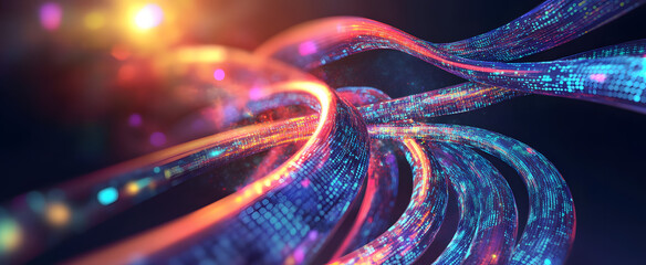 Fototapeta premium Digital stream in big data field. High-speed Internet and global cyber digitalization. Twisted strings of binary code in tunnel cyberspace 3D illustration