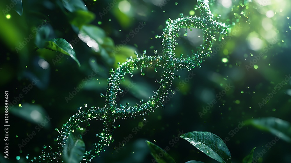 Poster captivating abstract representation of dna structure surrounded by lush green leaves, highlighting t