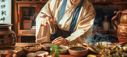 Traditional Chinese medicine practitioner prepares herbal remedies. Man uses wooden tools to mix natural ingredients. Ancient holistic healing methods, alternative medicine, natural therapies