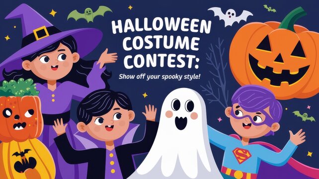 Kids in Halloween costumes celebrating a spooky contest with pumpkins and ghosts.