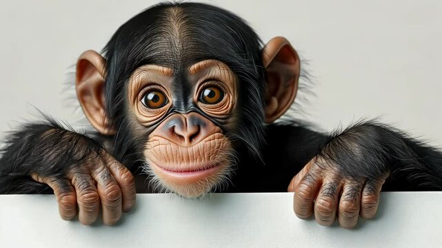 Charming baby chimpanzee playfully holding a blank sign