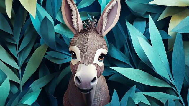 A cute donkey peeks out from behind teal leaves in a papercraft illustration