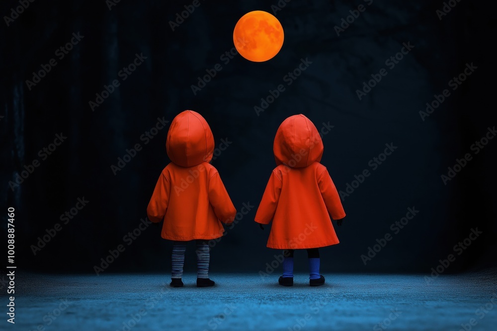 Wall mural two children in bright orange raincoats stand back to back, gazing at a large, glowing orange moon i