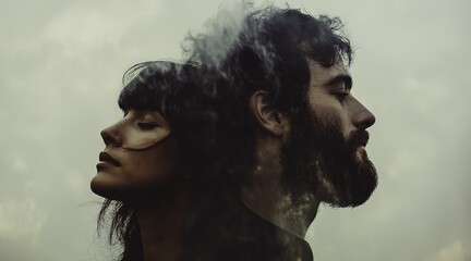 Double exposure photography featuring two individuals, a woman and a man with dark hair and a beard, whose faces merge into one another, creating a stunning abstract effect. 