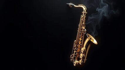 Fototapeta premium Golden shiny alto saxophone on black background with smoke. copy space 