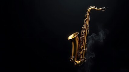 Obraz premium Golden shiny alto saxophone on black background with smoke. copy space 