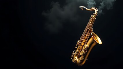 Fototapeta premium Golden shiny alto saxophone on black background with smoke. copy space 