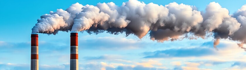 Industrial smokestacks releasing thick smoke into the sky, illustrating air pollution and environmental impact against a blue sky.