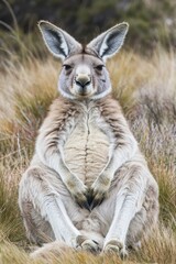 Fototapeta premium A kangaroo sitting in a grassy landscape, showcasing its distinctive features.