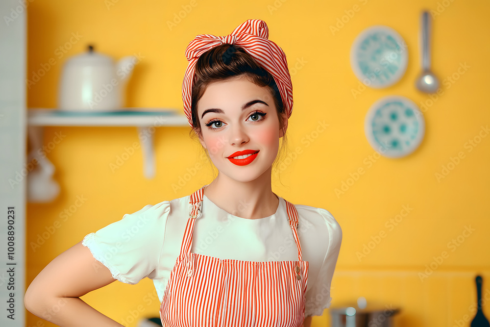 Sticker Portrait of funny young housewife on color background