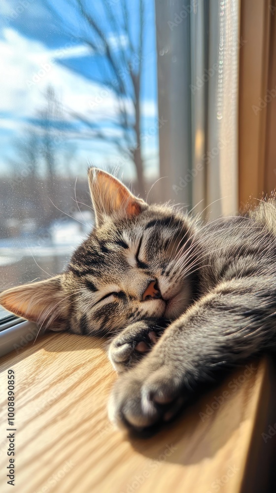 Poster A sleeping tabby cat rests peacefully on a windowsill, basking in sunlight.