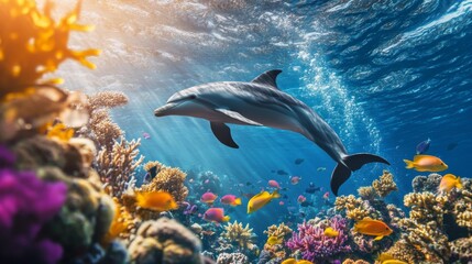 Fototapeta premium Dolphin Swimming in Vibrant Coral Reef Underwater Scene