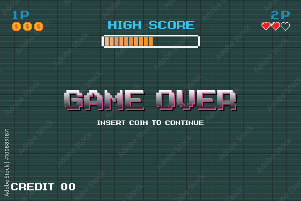 Poster game over. pixel art .8 bit game. retro game. for game assets in vector illustrations.