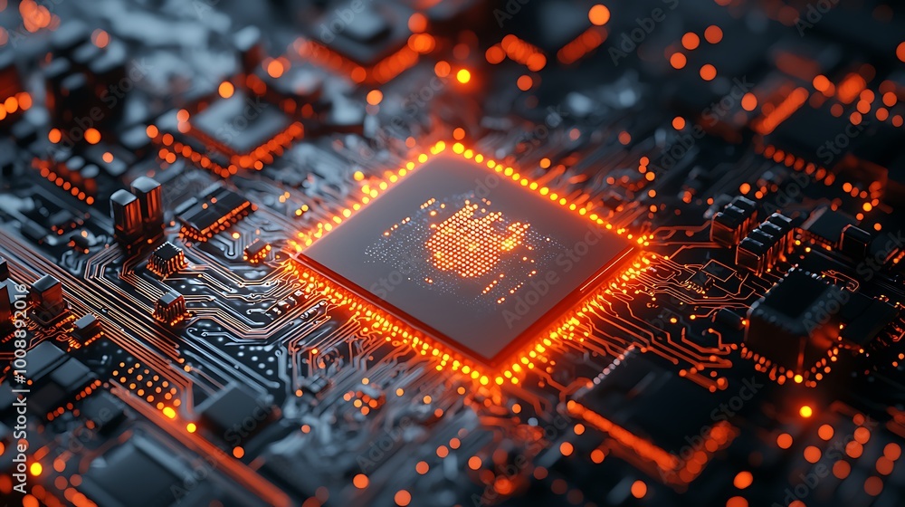 Poster an intriguing close-up of a futuristic circuit board featuring a glowing microprocessor. the intrica