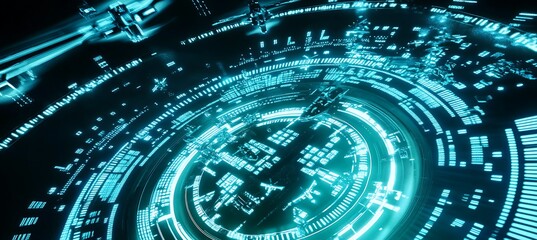 Obraz premium A holographic projection of a digital clock tower with gears and mechanisms visible