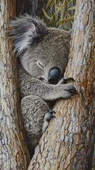 A koala peacefully sleeping between tree trunks, showcasing its natural habitat and behavior.