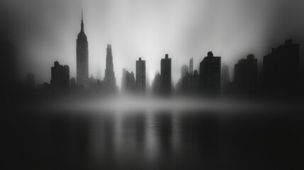 Naklejka premium Silhouetted Skyscrapers Emerging from Fog Over Water