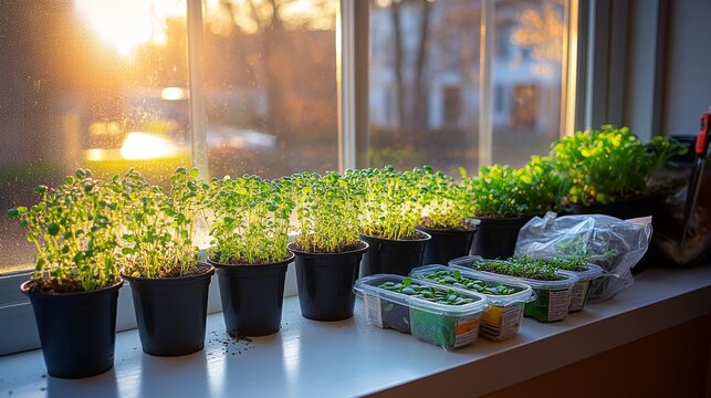 Plantas en el alf&eacute;izar de la ventana en un interior real con luz solar brillante. Macetas con hierbas y vegetaci&oacute;n que crean un ambiente acogedor en la cocina o habitaci&oacute;n.