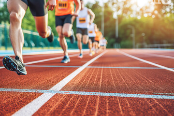 People run and compete in a stadium with running tracks. Marathon, competition, race.